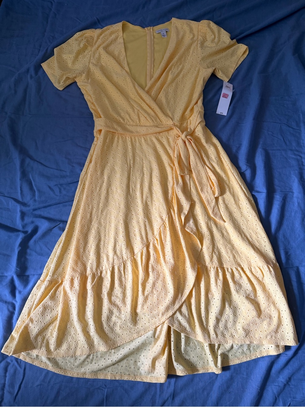 Yellow Eyelet Wrap Dress with Tie Waist